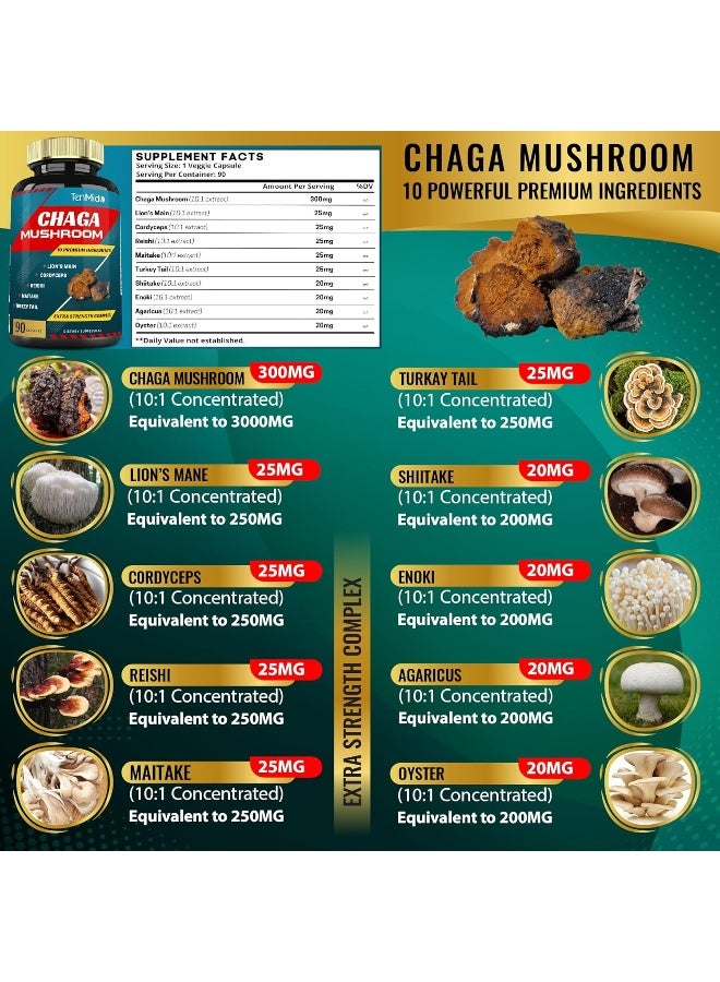 Tenmido Chaga Mushroom Extract Capsules Equivalent To 5050Mg And Lions Mane, Cordyceps And More, Digestive Health, Anti-Aging, Immune Support, Energy Boost, Rich In Antioxidants And Nutrients, 3 Months Supply - Image 3